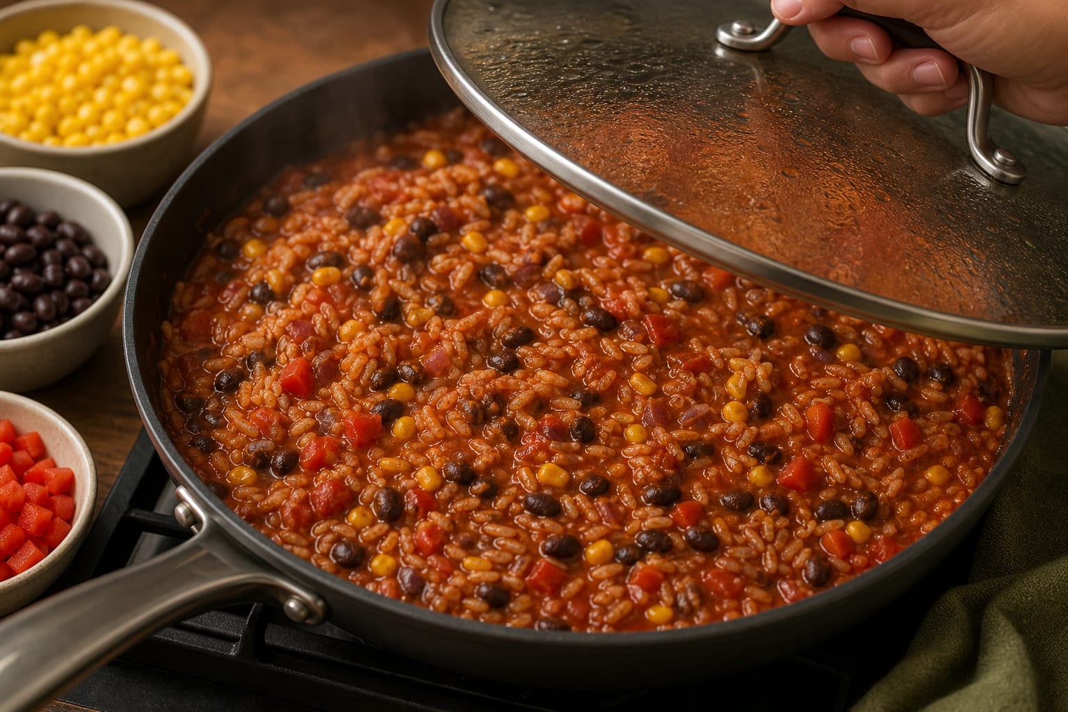 Black Bean Enchilada Rice with Lime and Coriander cooking step 4: Simmer the rice.
