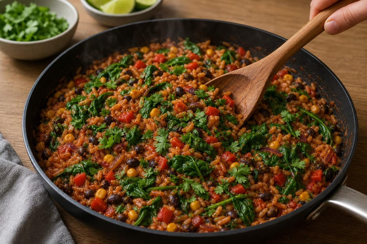 Black Bean Enchilada Rice with Lime and Coriander cooking step 5: Wilt the spinach.