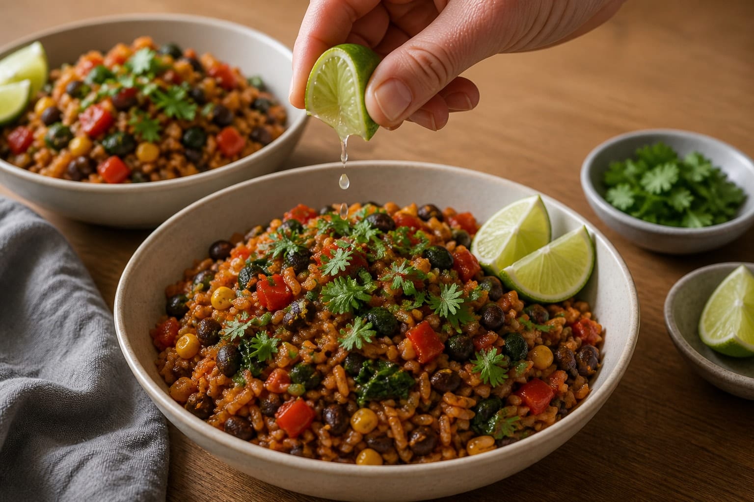 Black Bean Enchilada Rice with Lime and Coriander cooking step 6: Finish with lime.