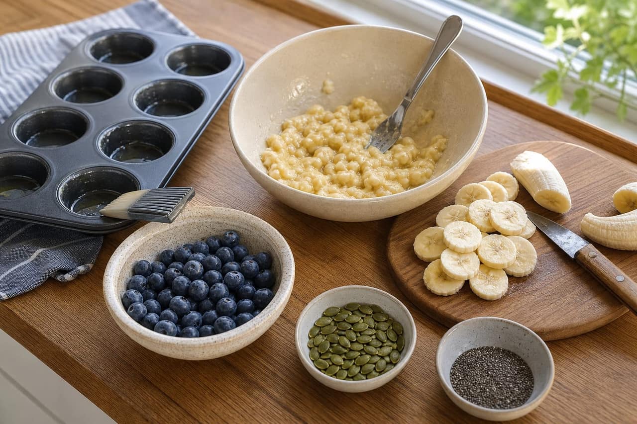 Blueberry Banana Oat Breakfast Cups with Pumpkin Seeds cooking guide image for prep the fruit and tin.