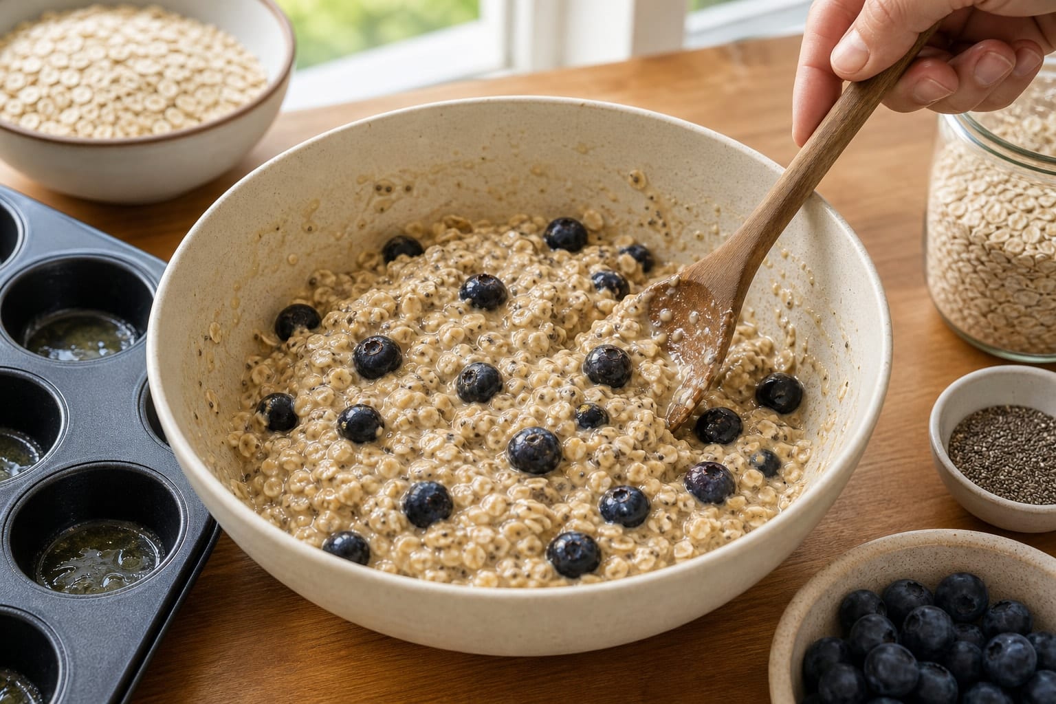 Blueberry Banana Oat Breakfast Cups with Pumpkin Seeds cooking guide image for mix the oat batter.