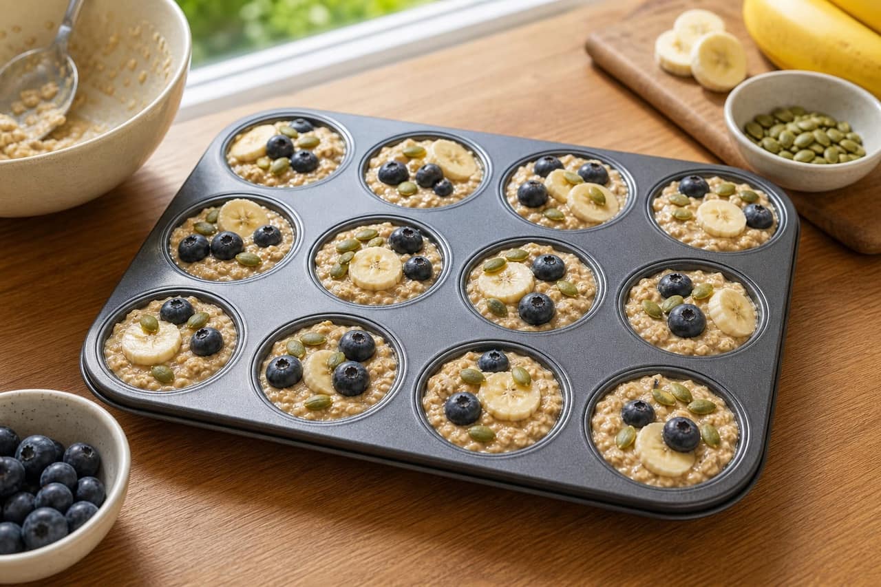 Blueberry Banana Oat Breakfast Cups with Pumpkin Seeds cooking guide image for fill the cups.
