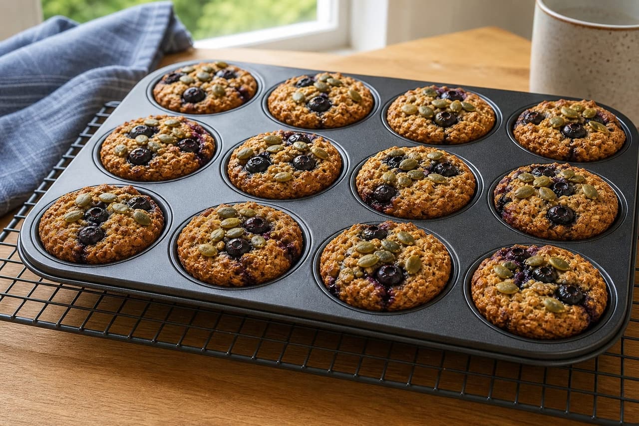 Blueberry Banana Oat Breakfast Cups with Pumpkin Seeds cooking guide image for bake until set.