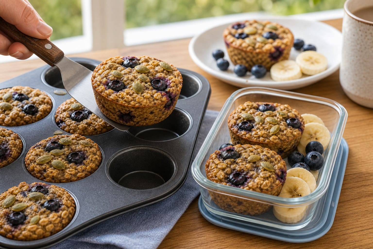 Blueberry Banana Oat Breakfast Cups with Pumpkin Seeds cooking guide image for serve or pack.