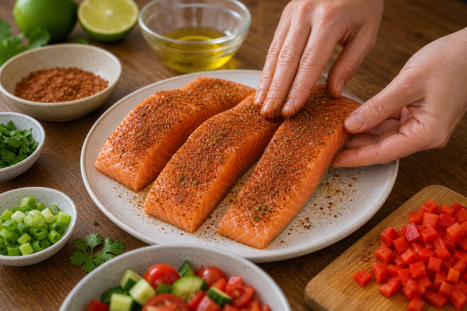 Cajun Salmon Sweetcorn Rice with Tomato Salsa cooking step 3: Season the salmon.