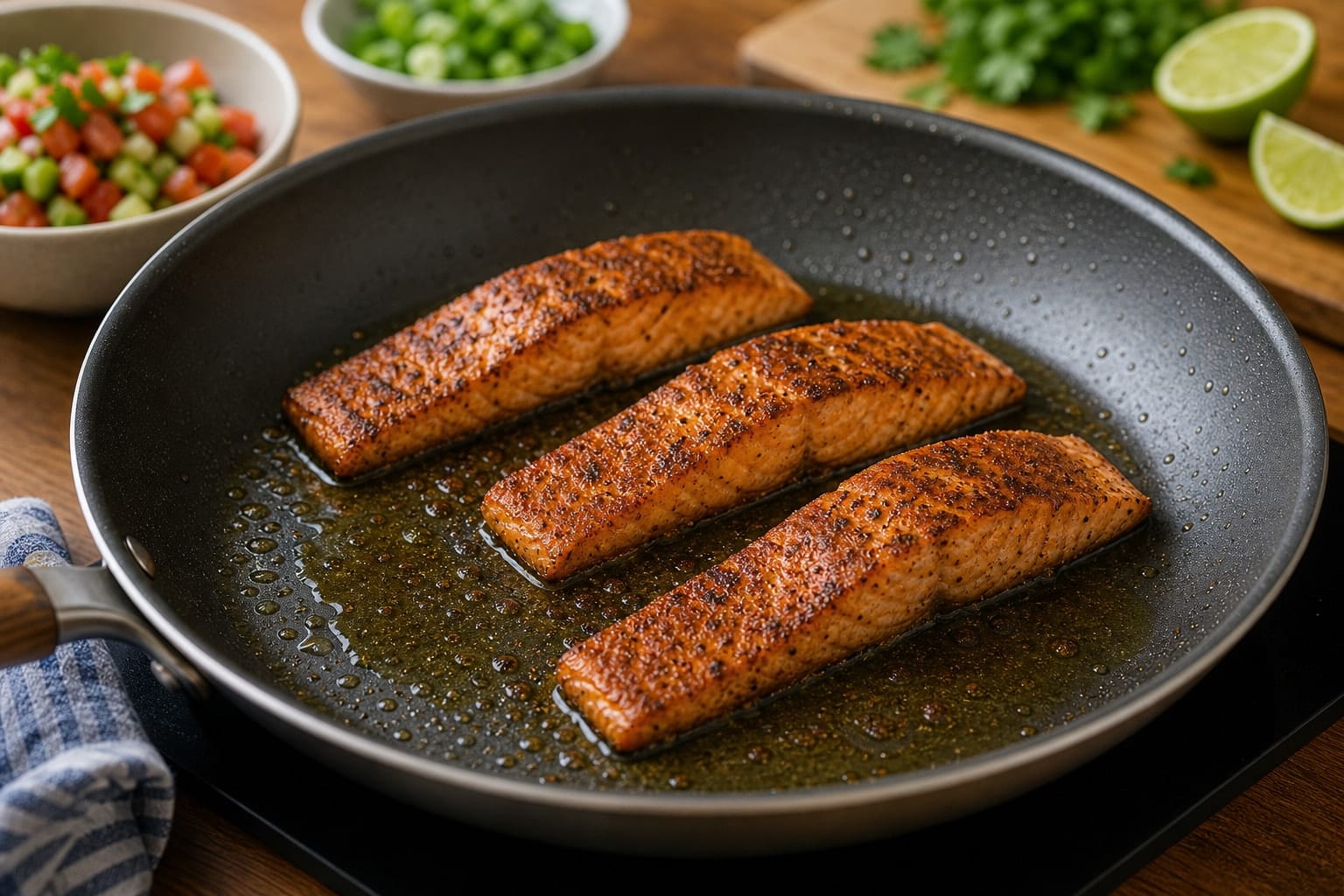 Cajun Salmon Sweetcorn Rice with Tomato Salsa cooking step 4: Cook the salmon.