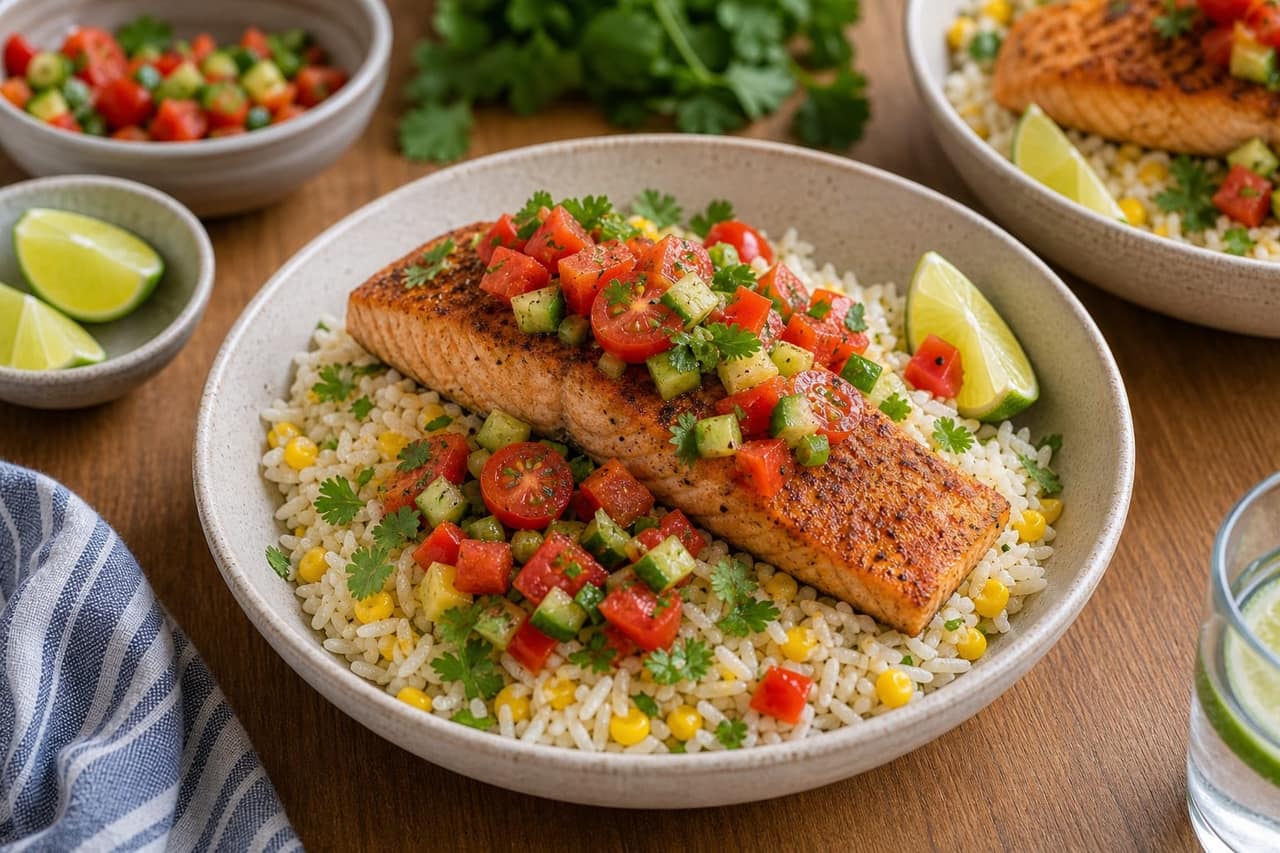 Cajun Salmon Sweetcorn Rice with Tomato Salsa cooking step 6: Serve the bowls.
