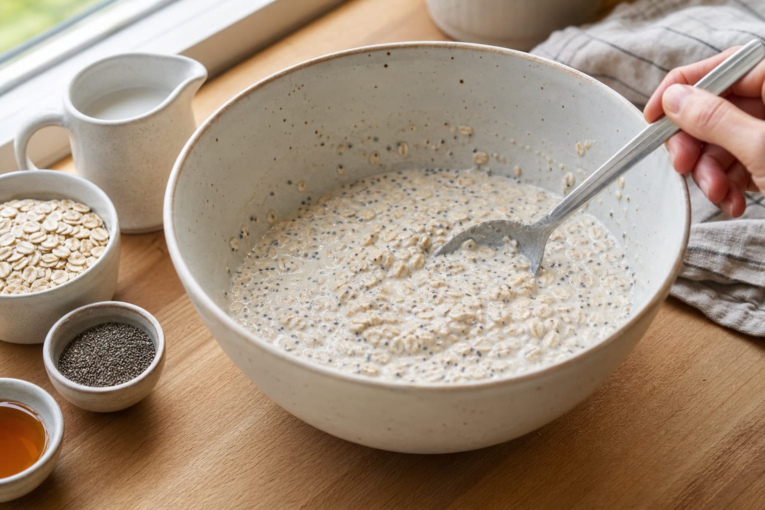 Cherry Coconut Overnight Oat Pots with Pumpkin Seeds cooking guide image for mix the oat base.