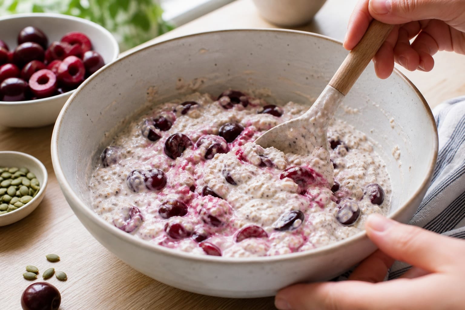 Cherry Coconut Overnight Oat Pots with Pumpkin Seeds cooking guide image for fold in the cherries.