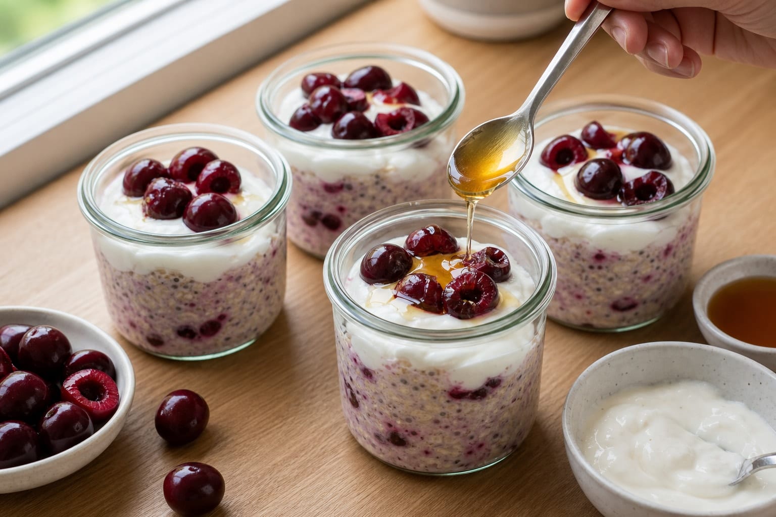 Cherry Coconut Overnight Oat Pots with Pumpkin Seeds cooking guide image for layer the pots.