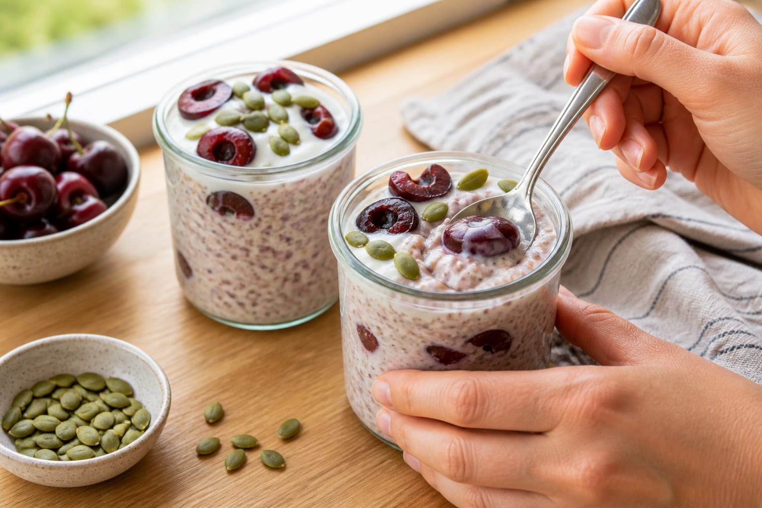 Cherry Coconut Overnight Oat Pots with Pumpkin Seeds cooking guide image for chill and finish.