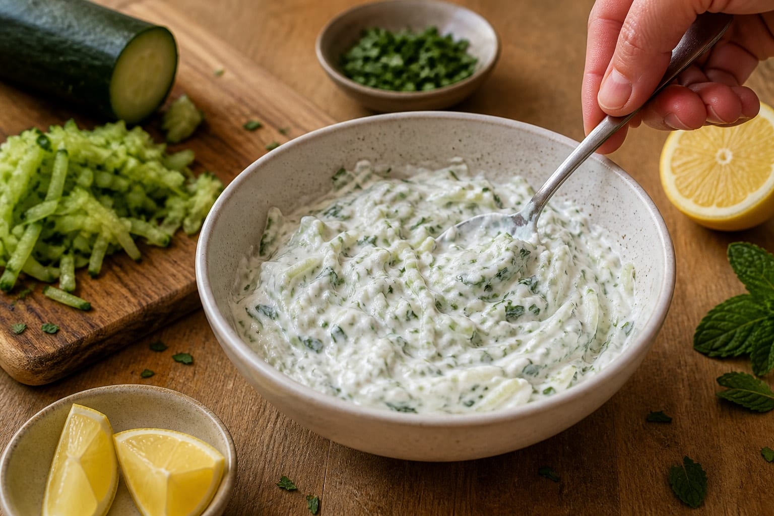Chicken Tikka Flatbreads with Cucumber Mint Yoghurt cooking step 3: Make the cucumber yoghurt.