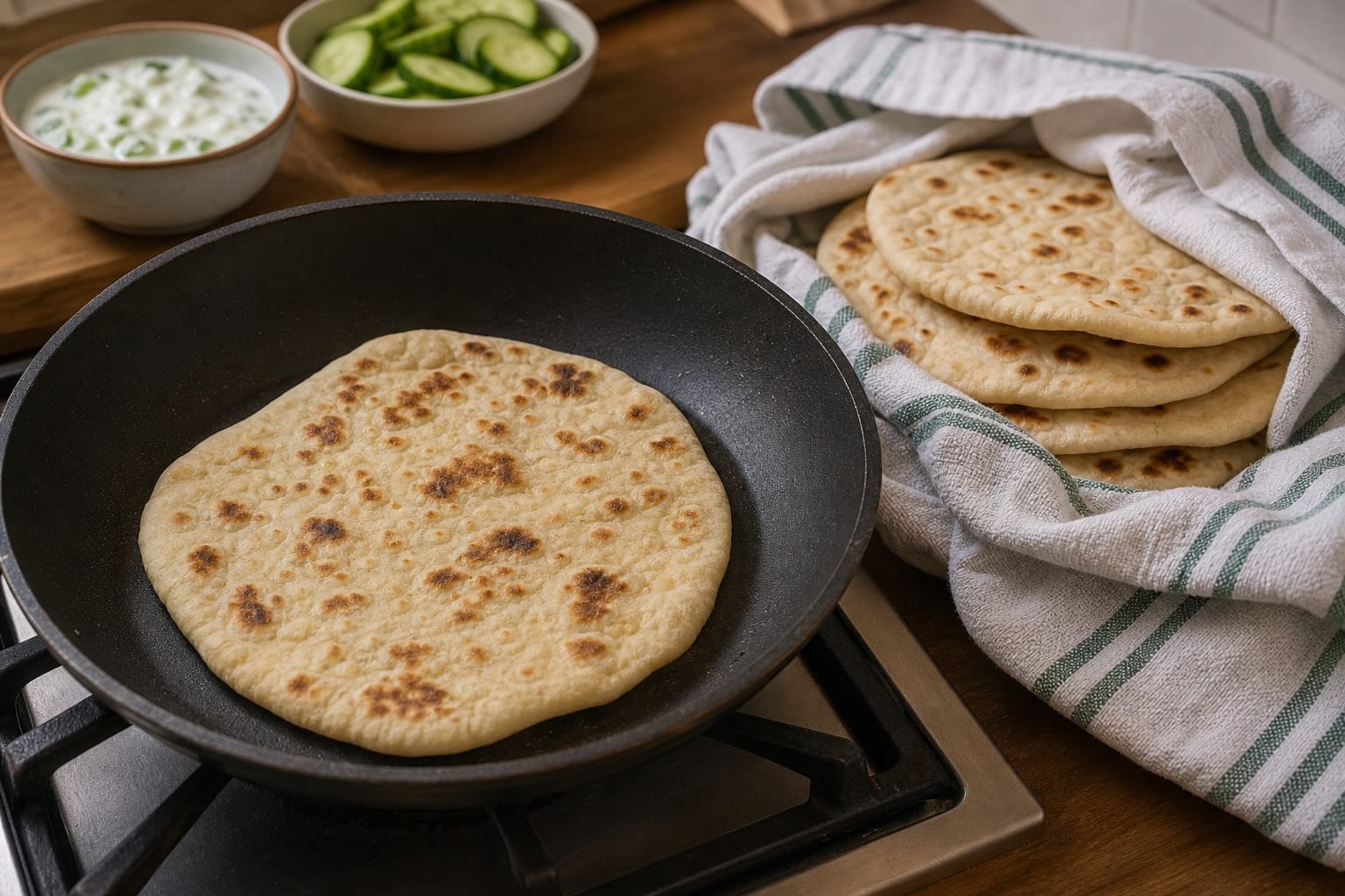 Chicken Tikka Flatbreads with Cucumber Mint Yoghurt cooking step 5: Warm the flatbreads.