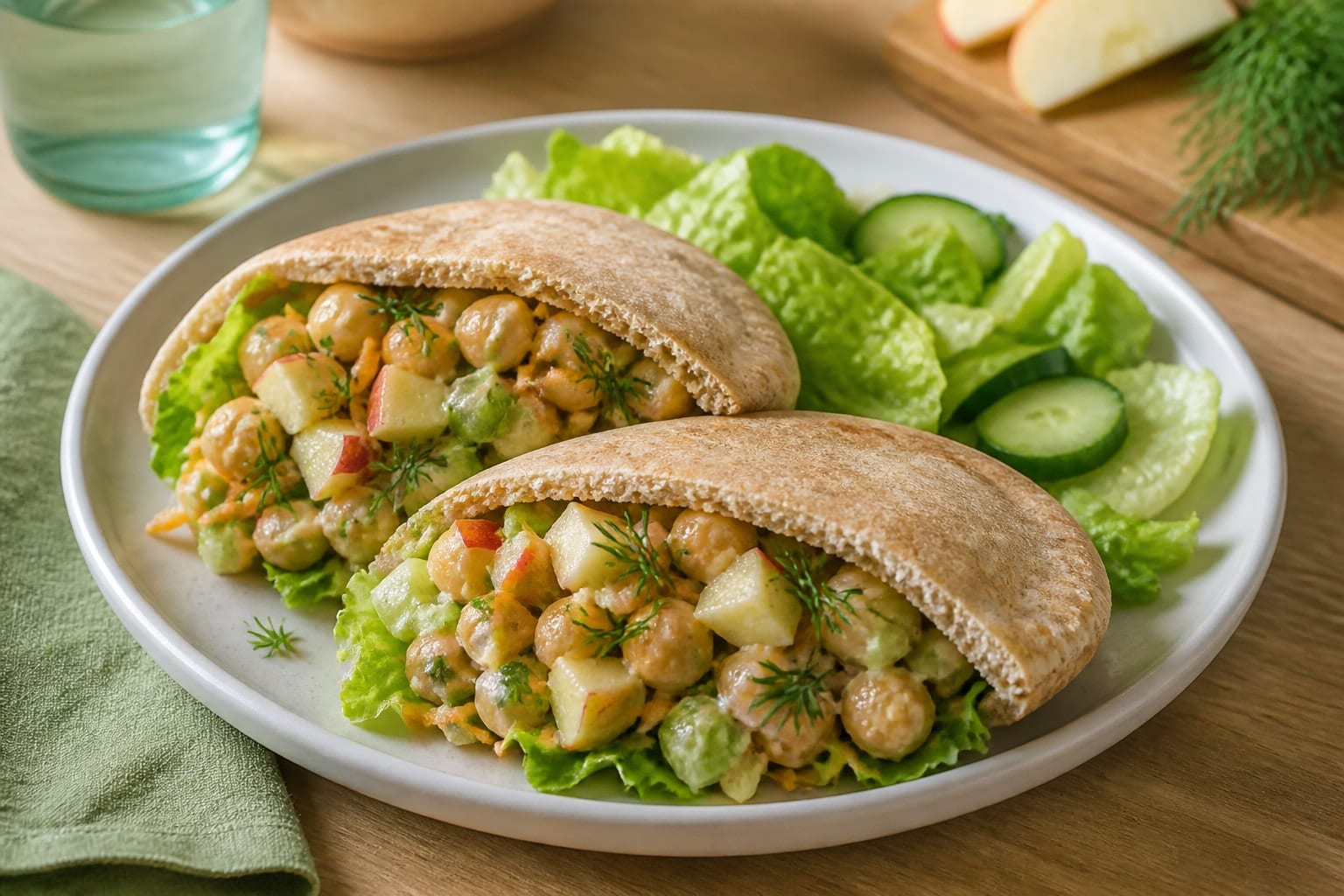 Chickpea Apple Pittas with Dill and Lemon plated and ready to serve.