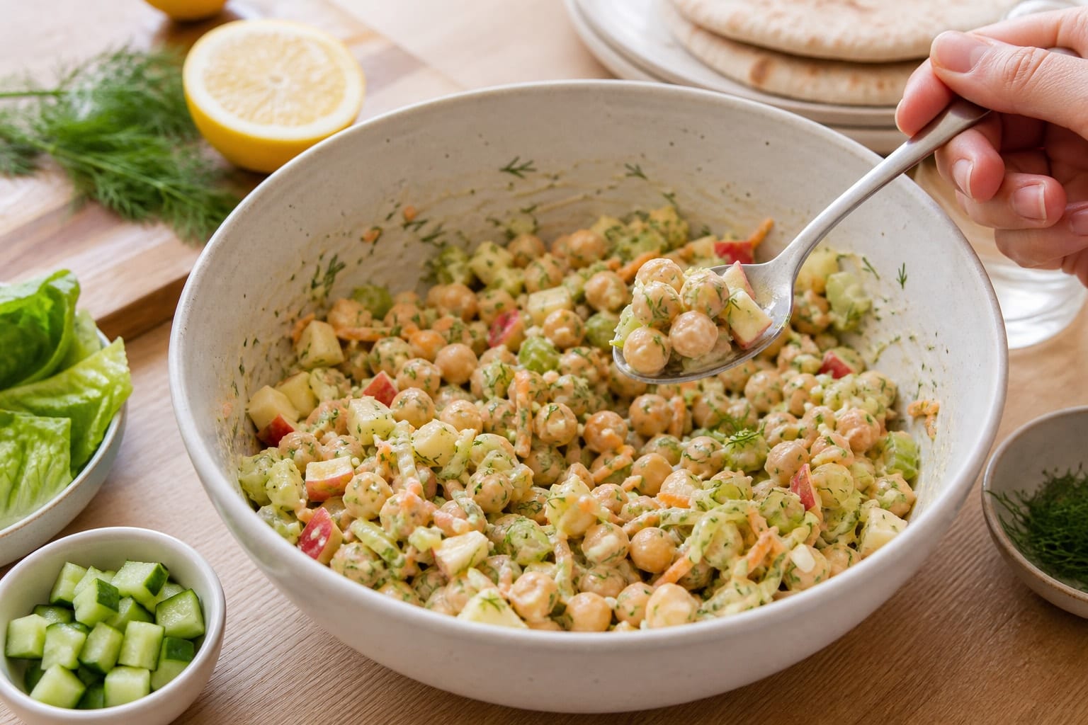 Chickpea Apple Pittas with Dill and Lemon cooking step 4: Check the filling.