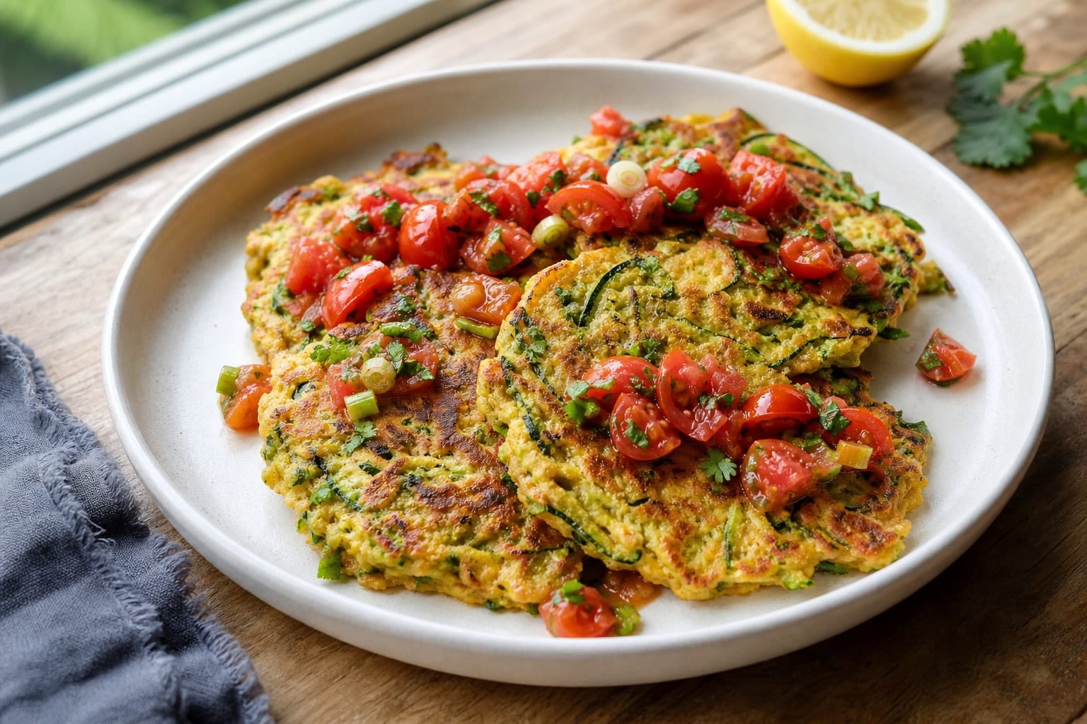 Golden Chickpea Courgette Breakfast Pancakes with Tomato Relish plated and ready to serve.