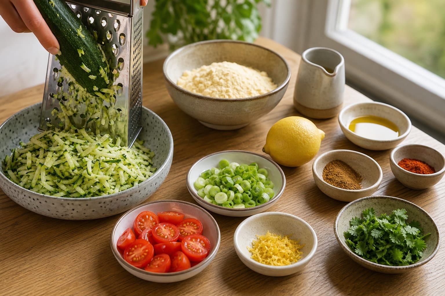 Golden Chickpea Courgette Breakfast Pancakes with Tomato Relish cooking step 1: Prepare the vegetables.