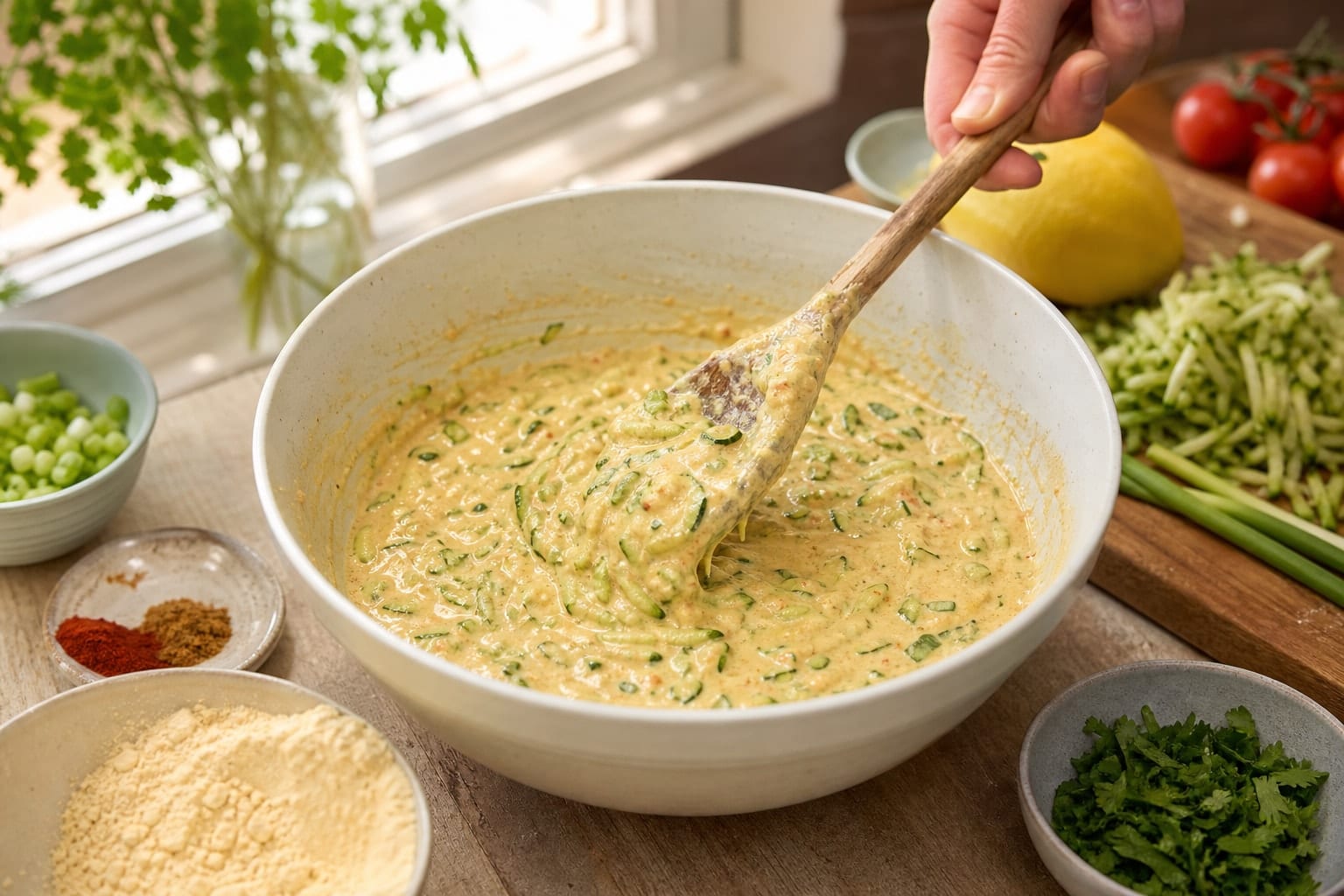Golden Chickpea Courgette Breakfast Pancakes with Tomato Relish cooking step 3: Mix the batter.