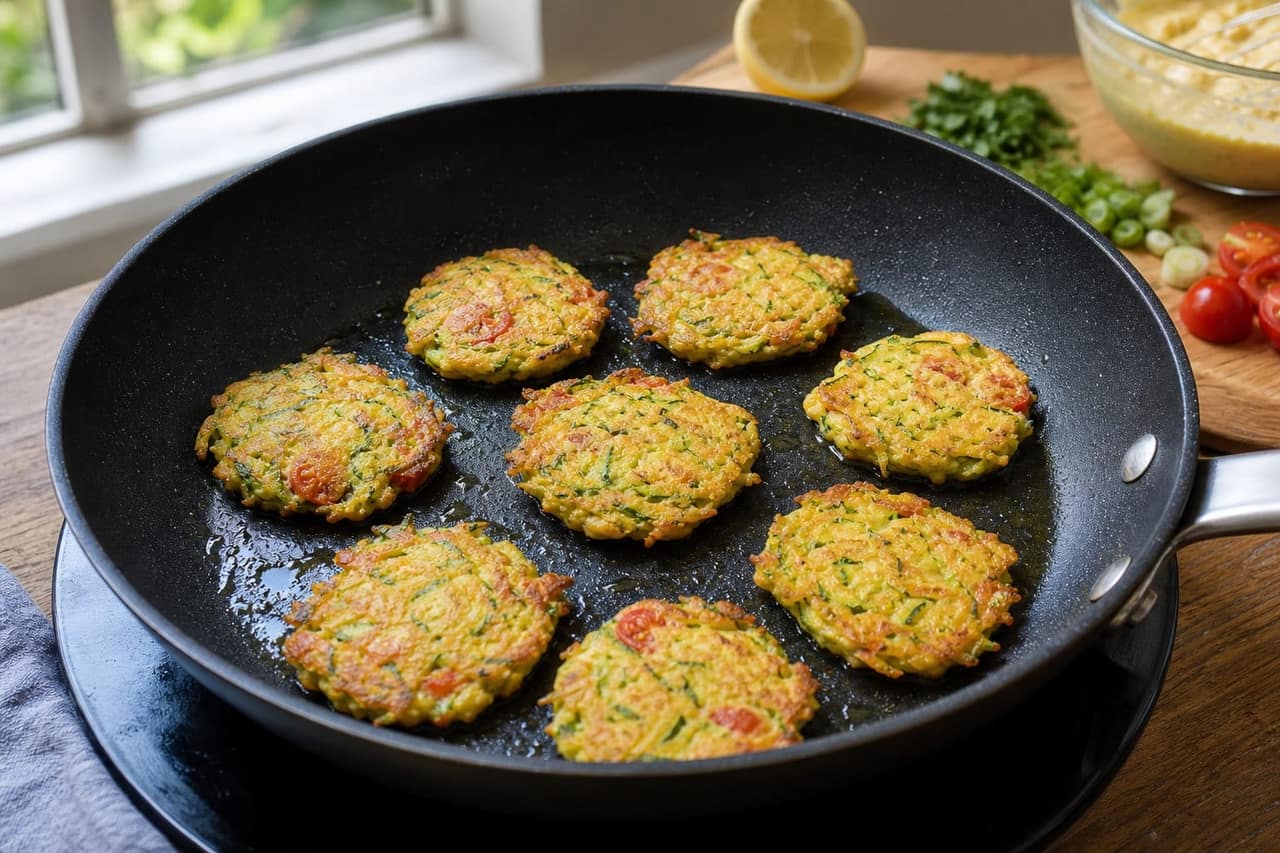 Golden Chickpea Courgette Breakfast Pancakes with Tomato Relish cooking step 4: Cook the pancakes.