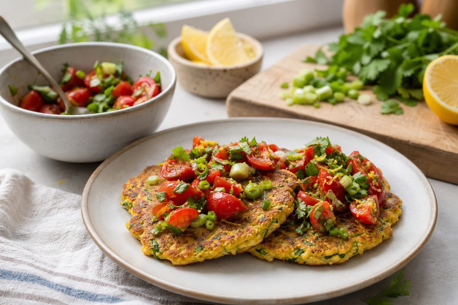 Golden Chickpea Courgette Breakfast Pancakes with Tomato Relish cooking step 5: Make the relish and serve.