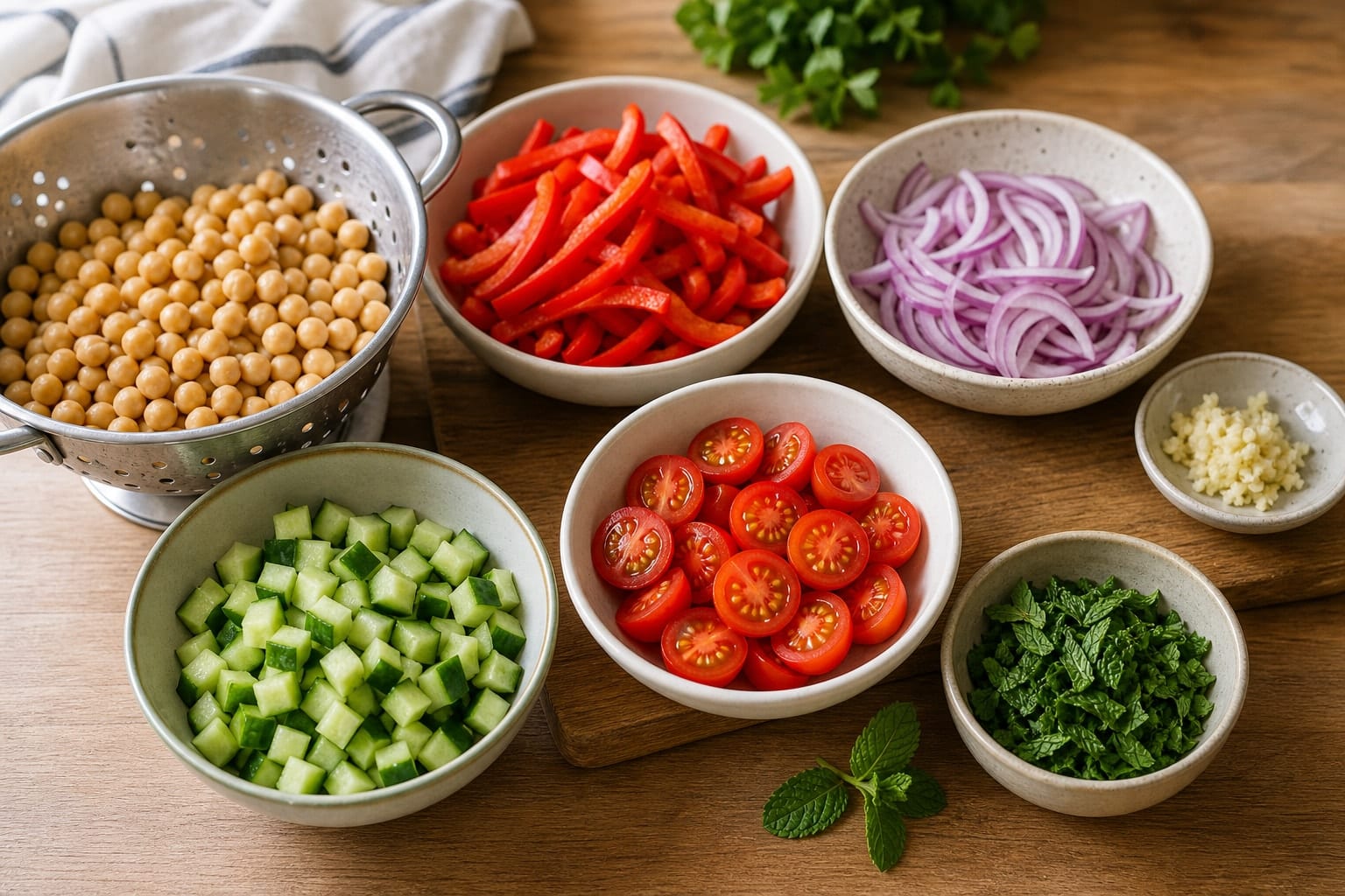 Chickpea Shawarma Rice Boxes with Cucumber and Mint cooking step 1: Prep the vegetables.