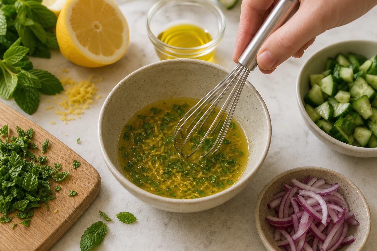 Chickpea Shawarma Rice Boxes with Cucumber and Mint cooking step 4: Mix the lemon dressing.
