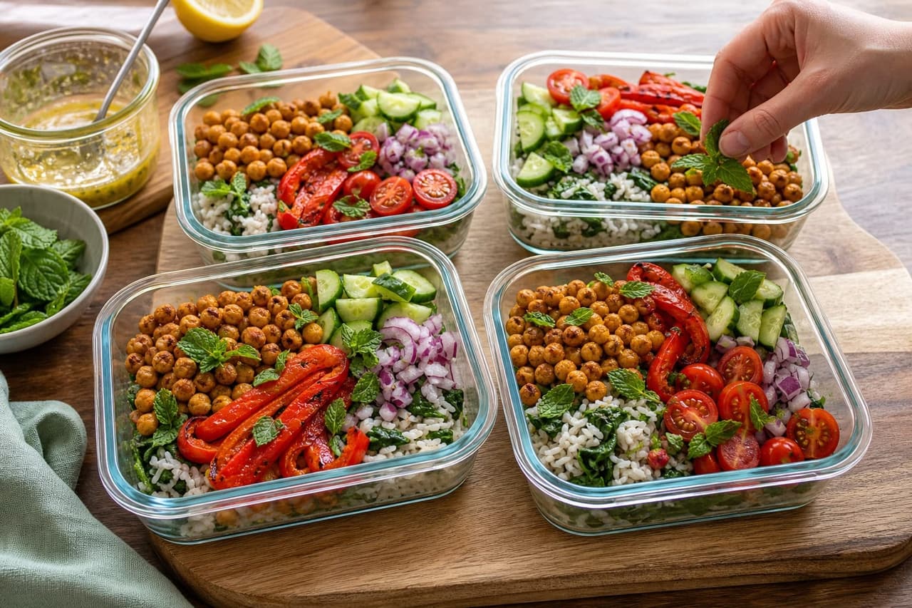 Chickpea Shawarma Rice Boxes with Cucumber and Mint cooking step 6: Pack the boxes.