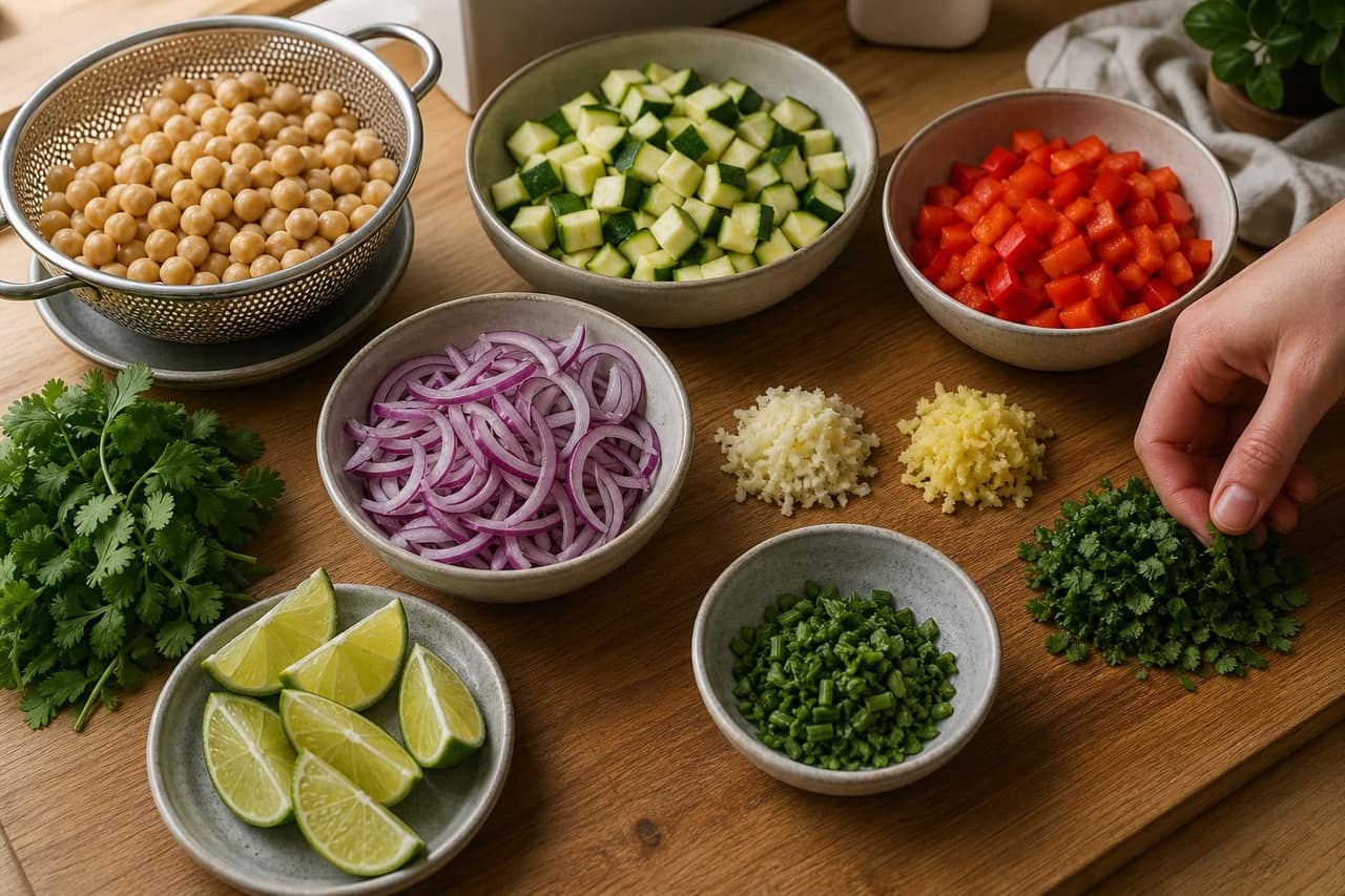 Coconut Chickpea Courgette Rice Bowls with Lime cooking step 1: Prepare the vegetables.