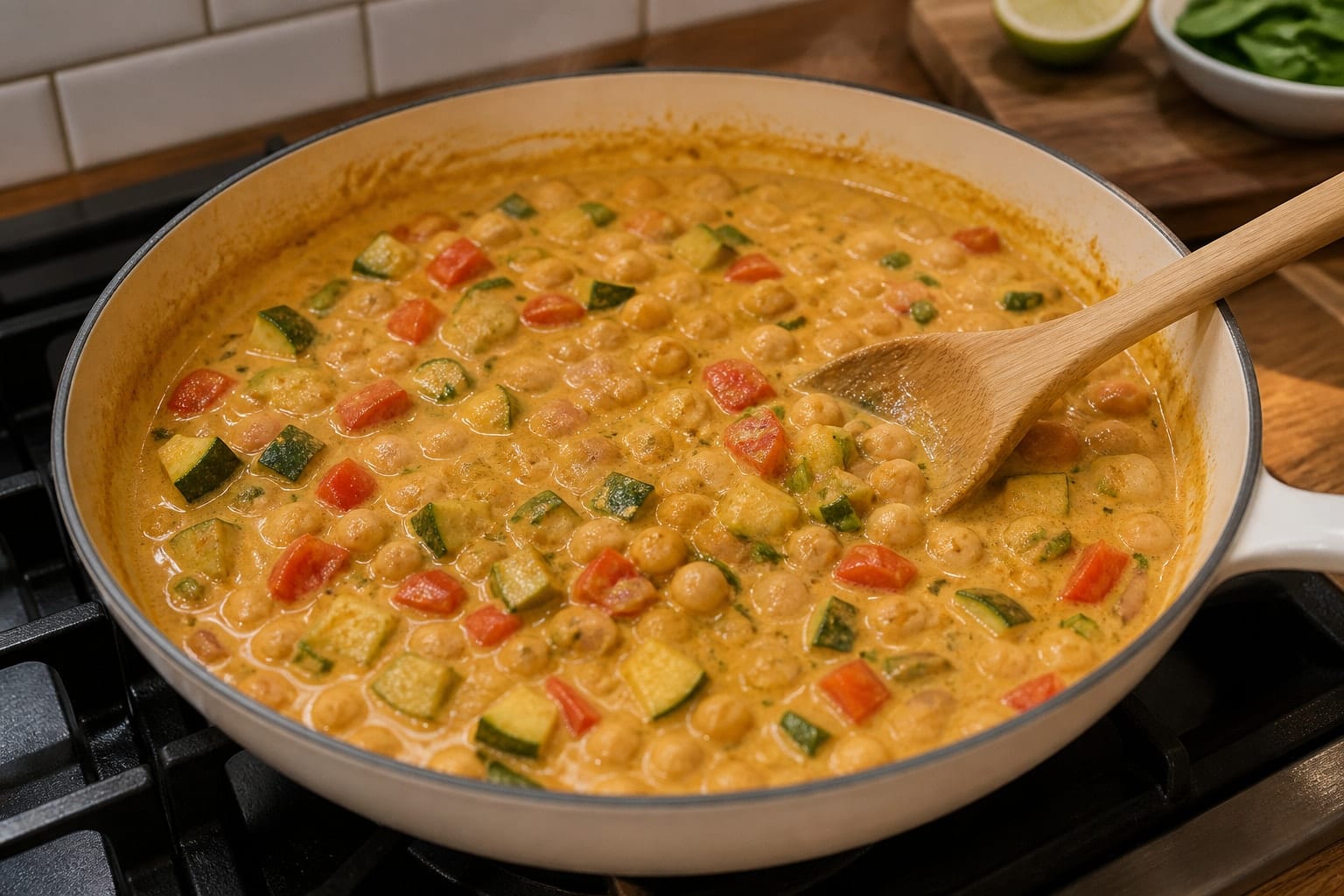 Coconut Chickpea Courgette Rice Bowls with Lime cooking step 4: Simmer with coconut.