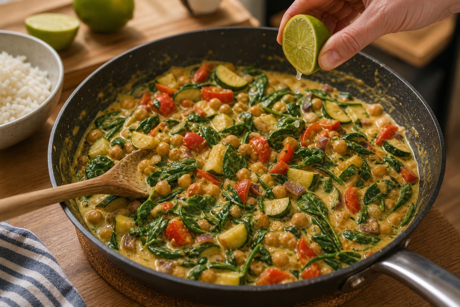 Coconut Chickpea Courgette Rice Bowls with Lime cooking step 5: Wilt the spinach.