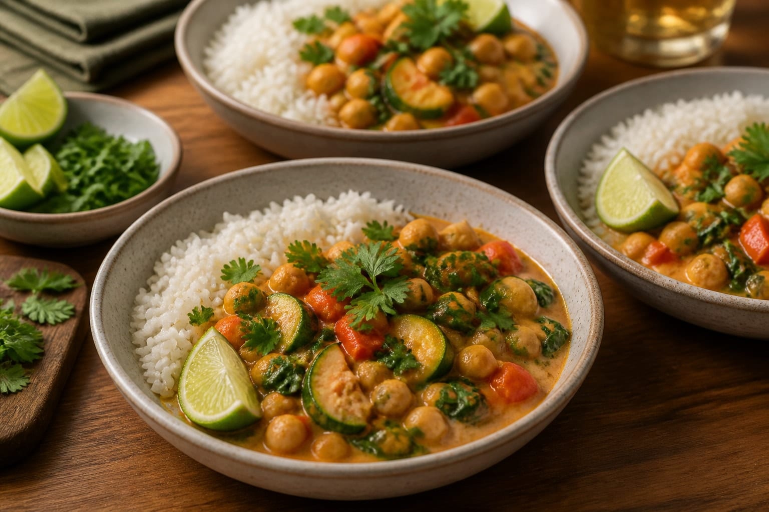 Coconut Chickpea Courgette Rice Bowls with Lime cooking step 6: Serve the bowls.