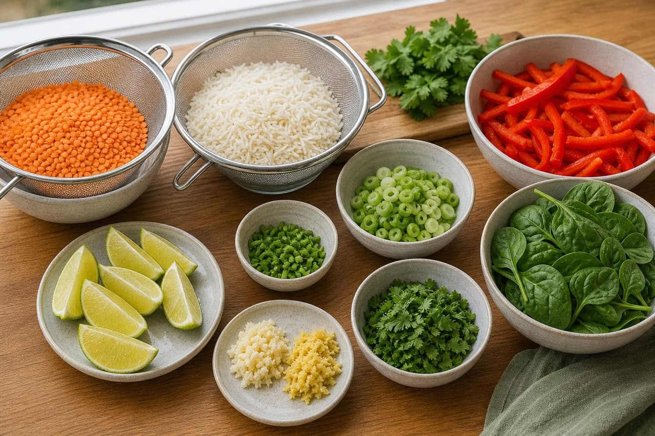 Creamy Coconut Lentil Rice Bowls with Lime cooking step 1: Prep the vegetables.