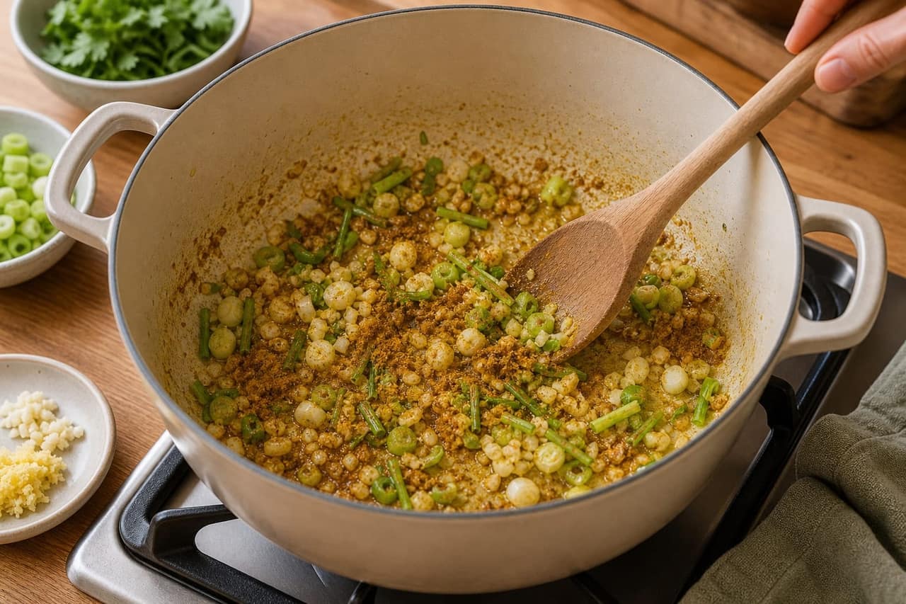 Creamy Coconut Lentil Rice Bowls with Lime cooking step 3: Build the flavour base.