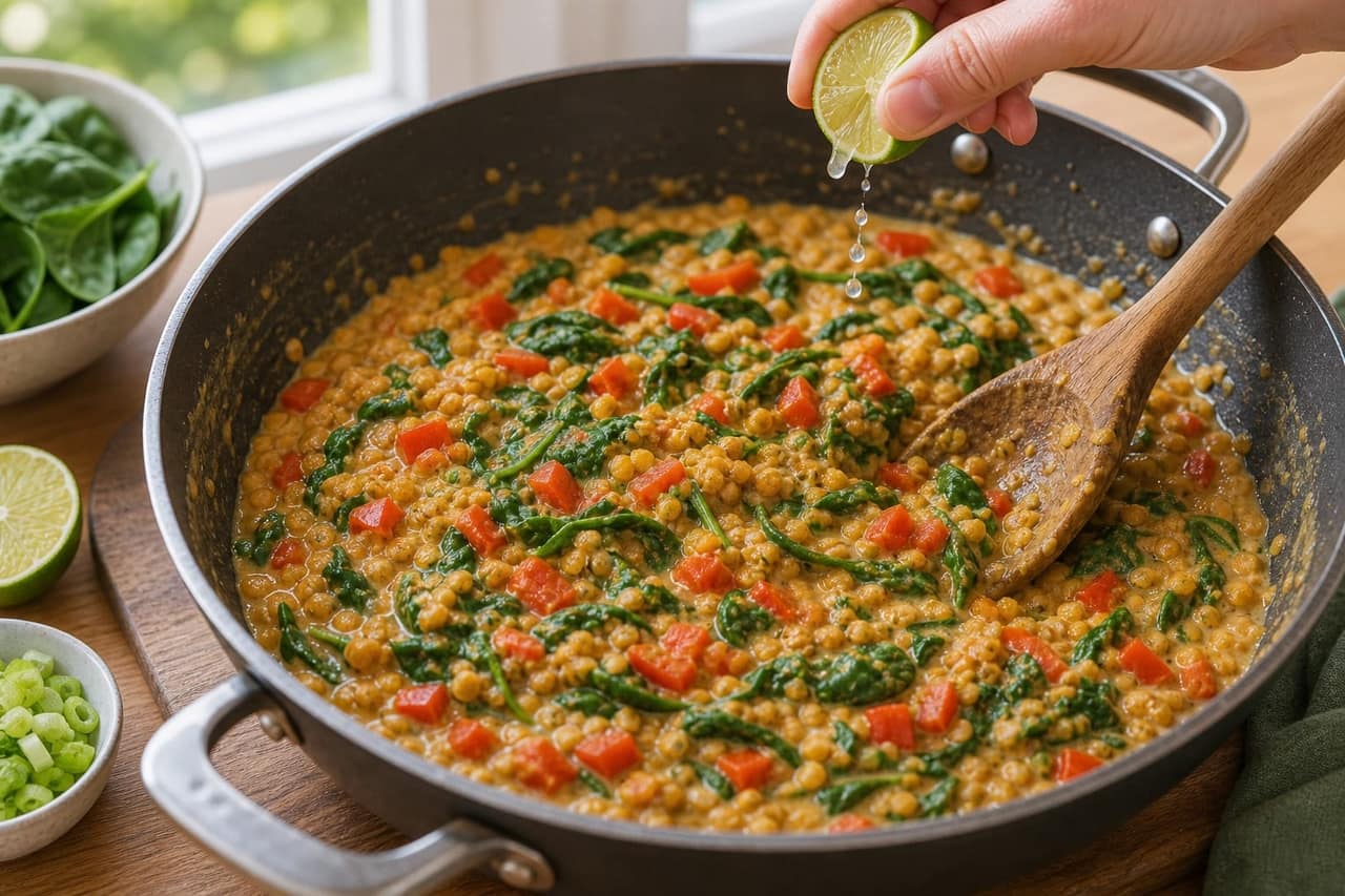 Creamy Coconut Lentil Rice Bowls with Lime cooking step 5: Add the vegetables.