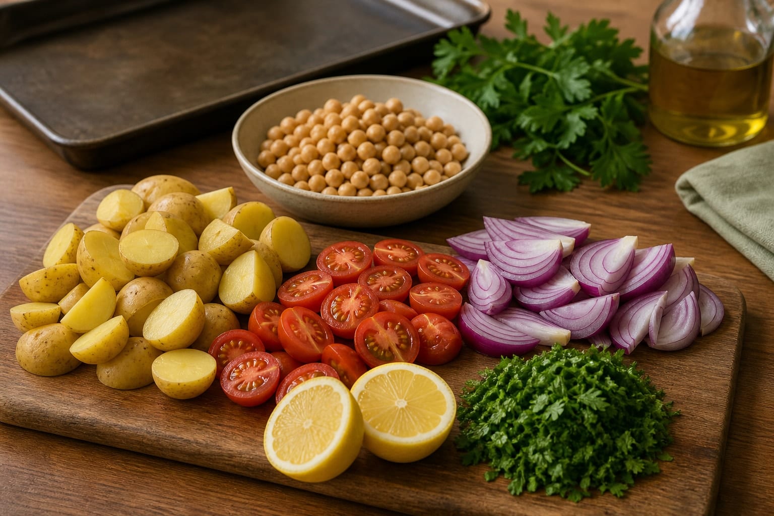 Cod Tomato Chickpea Potato Traybake with Parsley cooking step 1: Prepare the traybake.