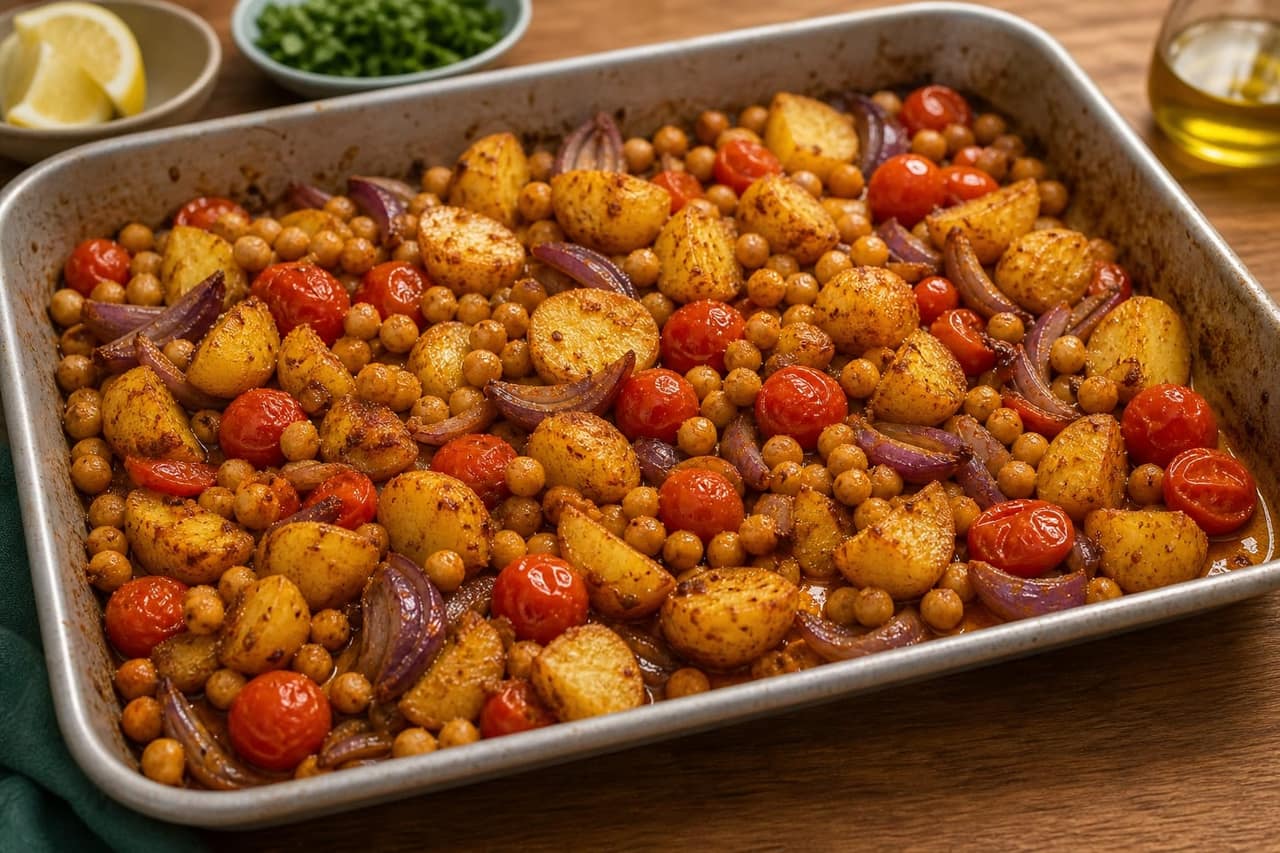 Cod Tomato Chickpea Potato Traybake with Parsley cooking step 3: Add tomatoes and chickpeas.