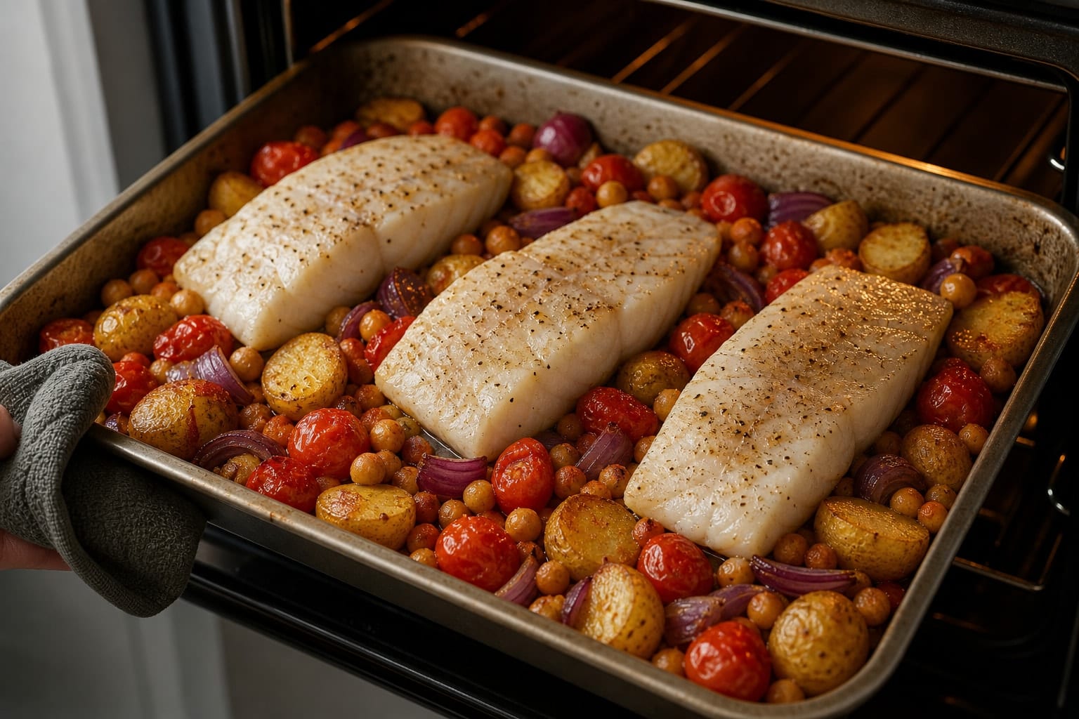 Cod Tomato Chickpea Potato Traybake with Parsley cooking step 4: Bake the cod.