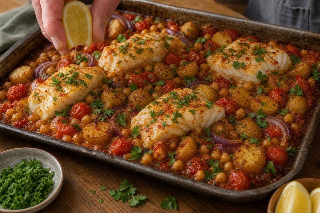 Cod Tomato Chickpea Potato Traybake with Parsley cooking step 5: Finish with lemon.