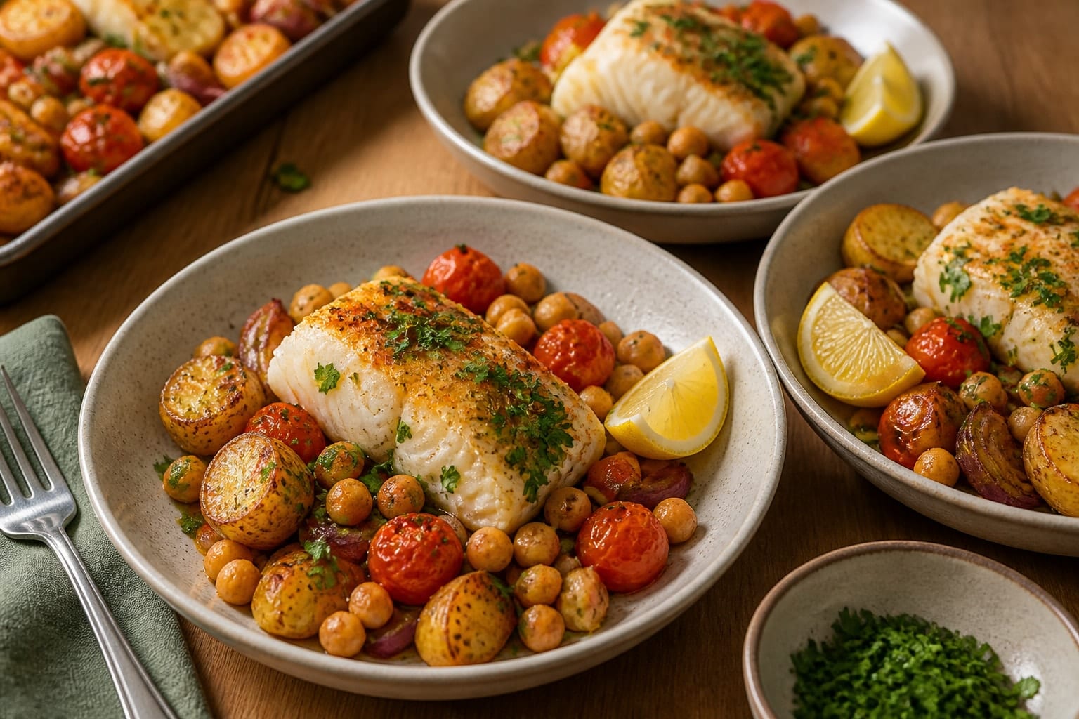 Cod Tomato Chickpea Potato Traybake with Parsley cooking step 6: Serve the traybake.