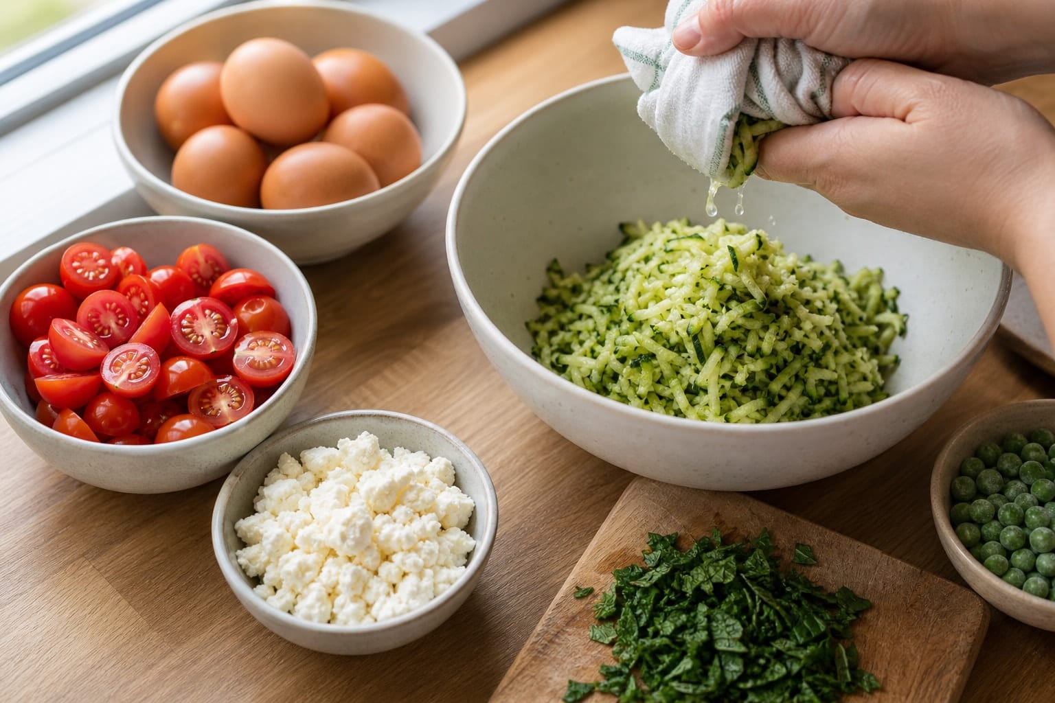 Golden Courgette Feta Frittata Squares with Mint cooking step 1: Prepare the vegetables.