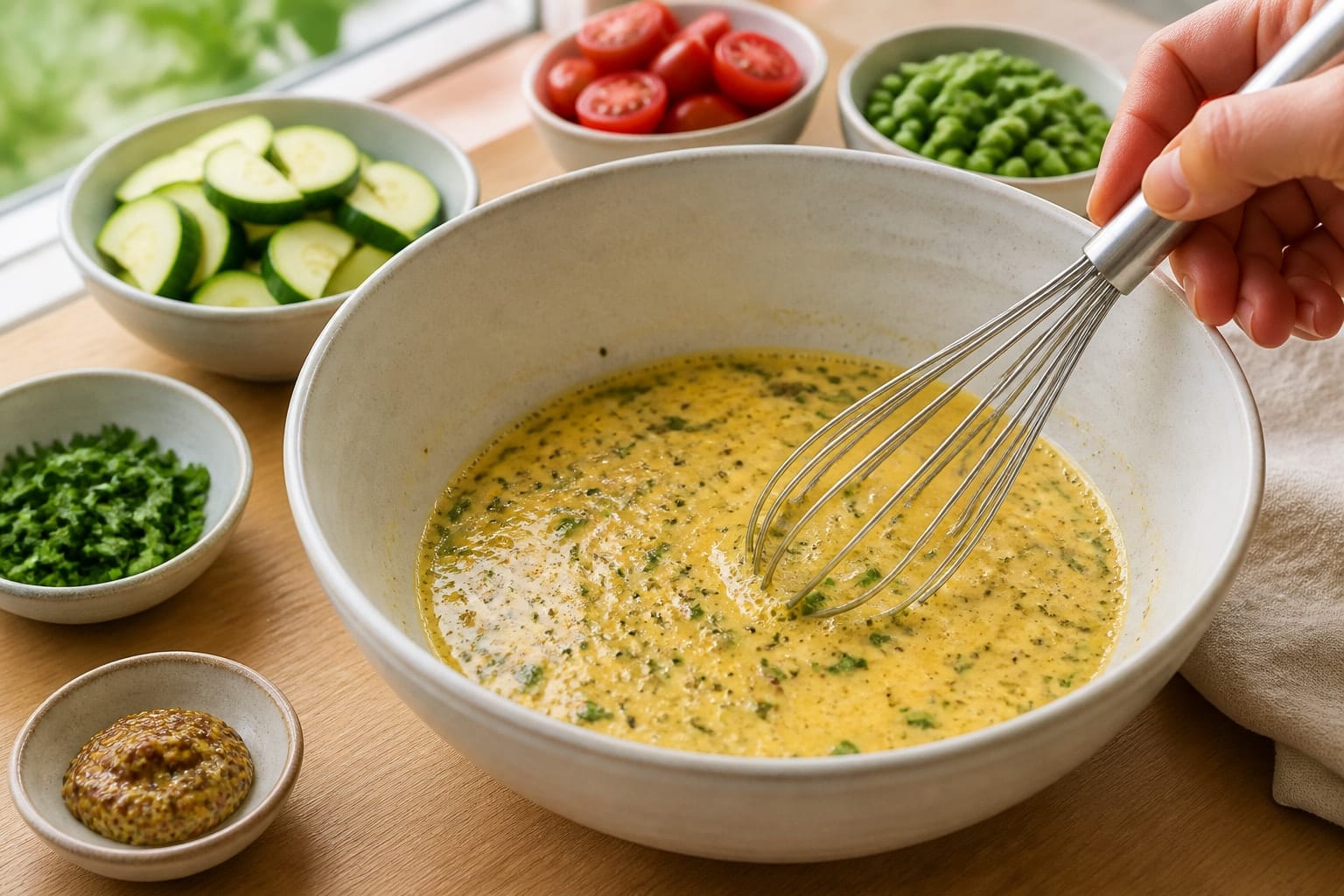 Golden Courgette Feta Frittata Squares with Mint cooking step 3: Whisk the eggs.