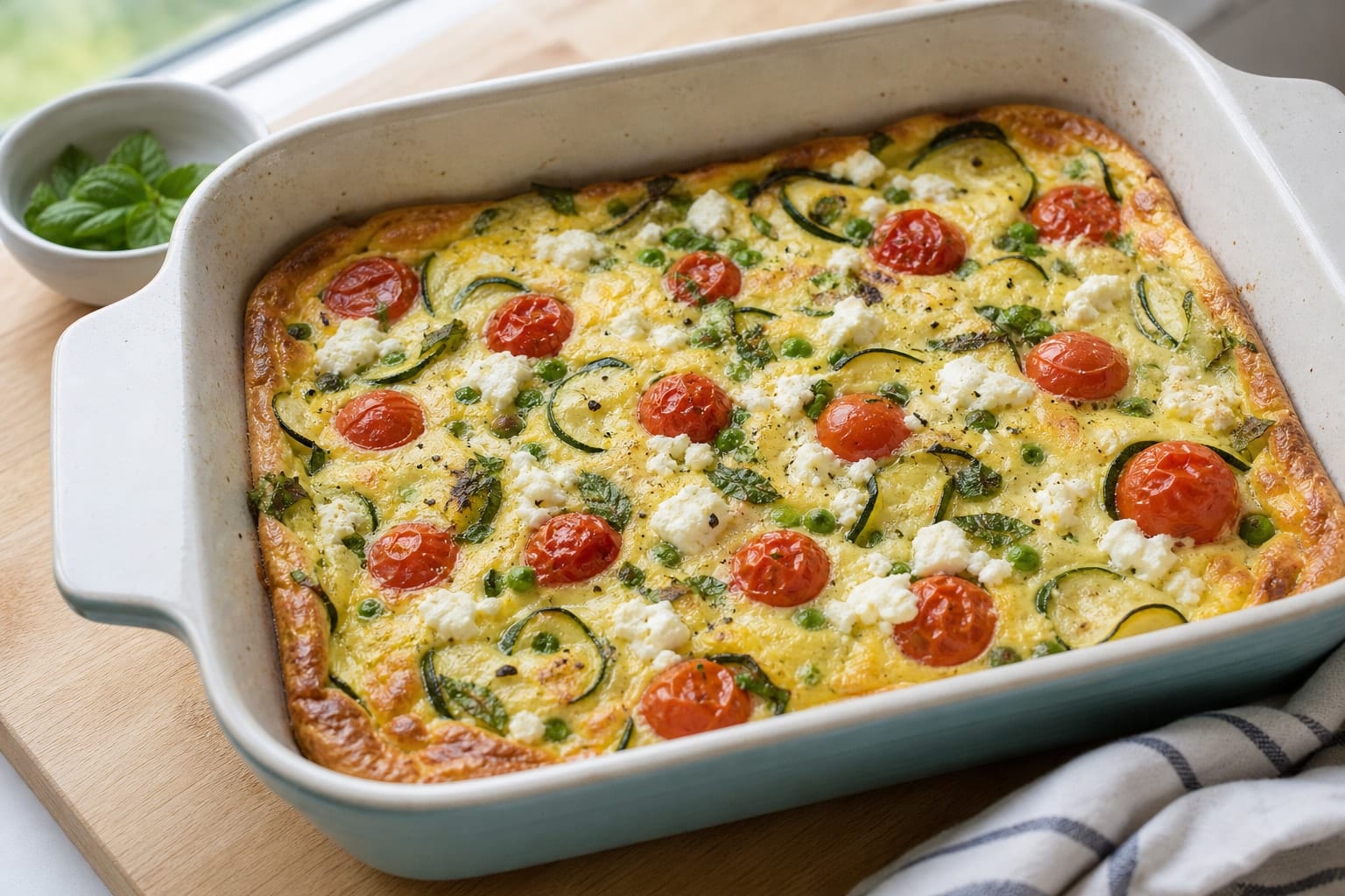 Golden Courgette Feta Frittata Squares with Mint cooking step 4: Bake until set.