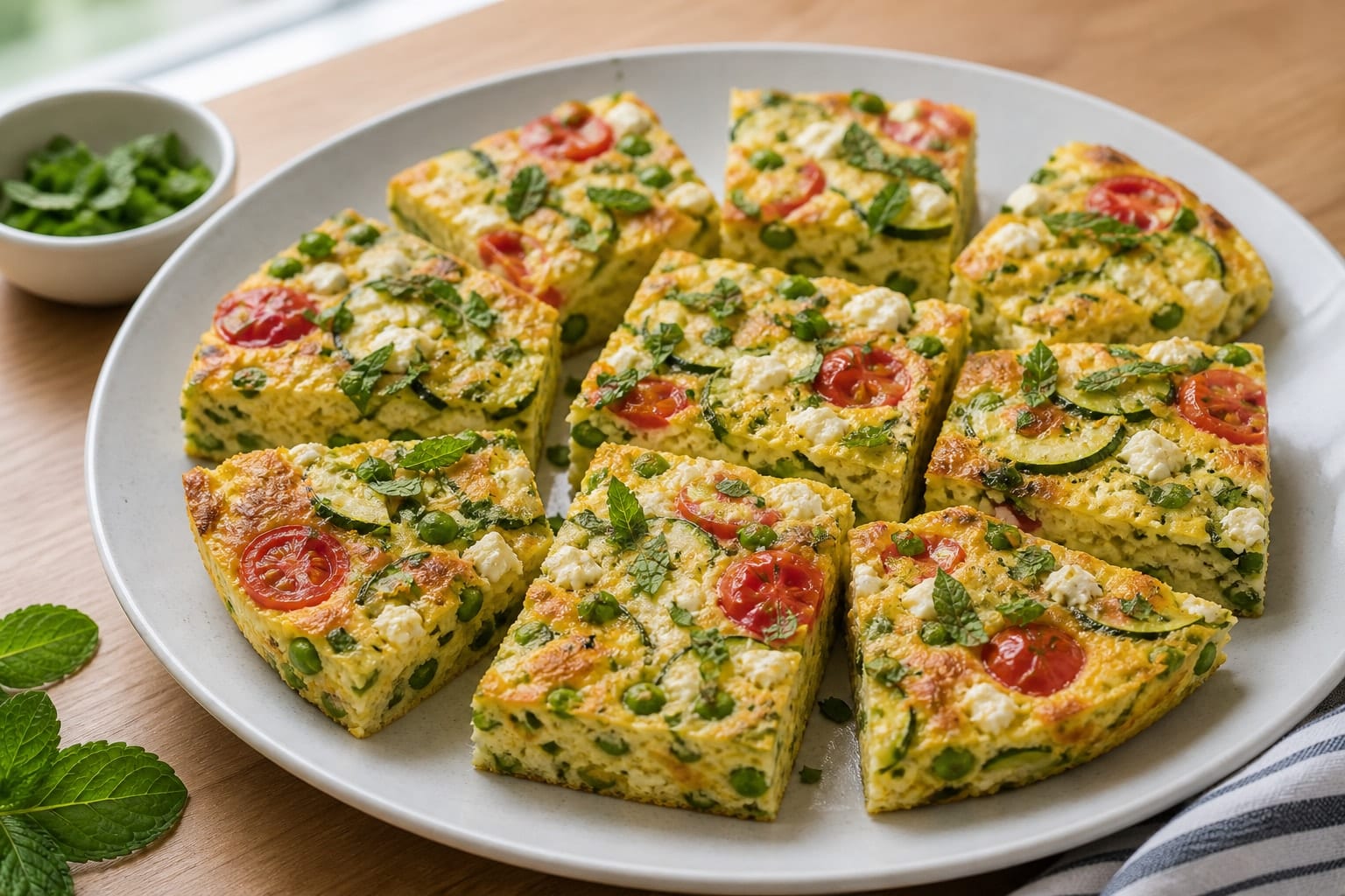 Golden Courgette Feta Frittata Squares with Mint cooking step 5: Slice and serve.