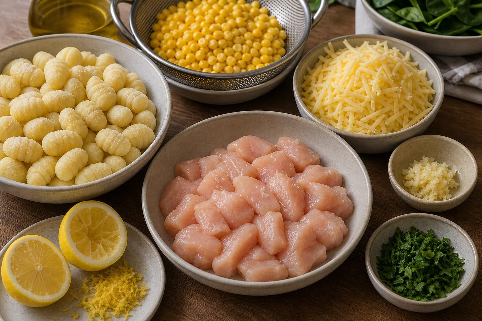 Creamy Chicken Sweetcorn Gnocchi with Spinach cooking step 1: Prepare the pan ingredients.