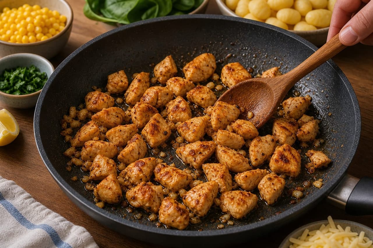 Creamy Chicken Sweetcorn Gnocchi with Spinach cooking step 2: Brown the chicken.