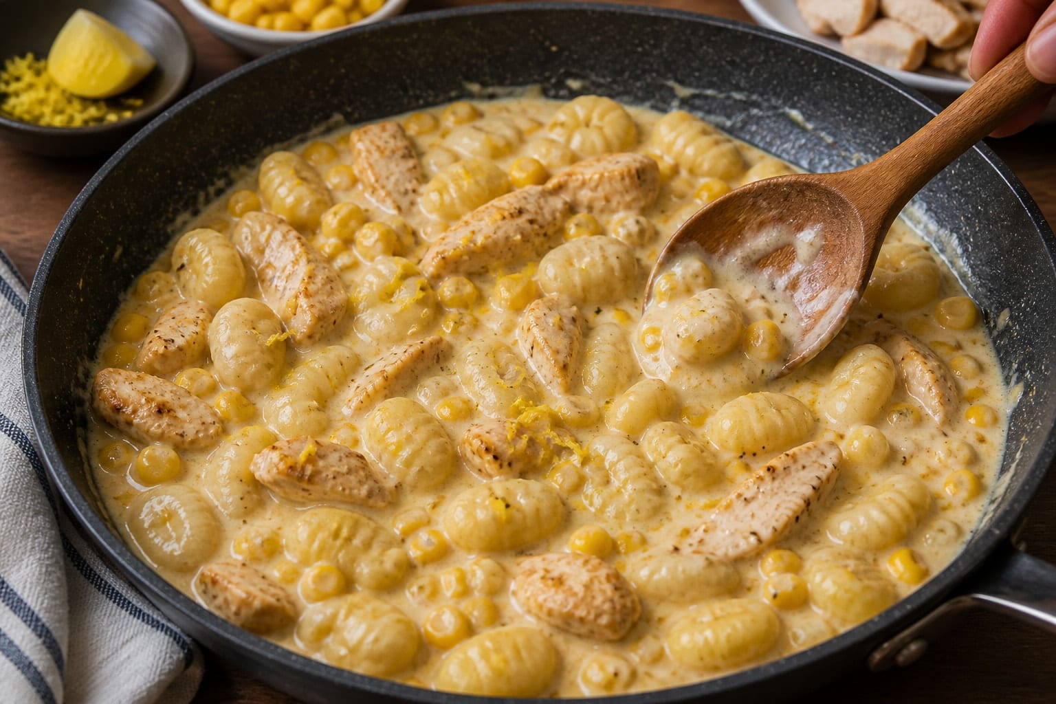 Creamy Chicken Sweetcorn Gnocchi with Spinach cooking step 4: Make the sauce.