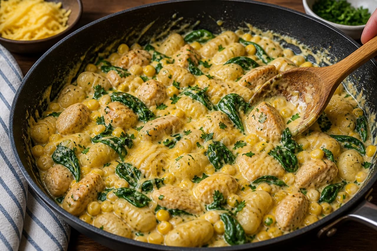 Creamy Chicken Sweetcorn Gnocchi with Spinach cooking step 5: Wilt the spinach.