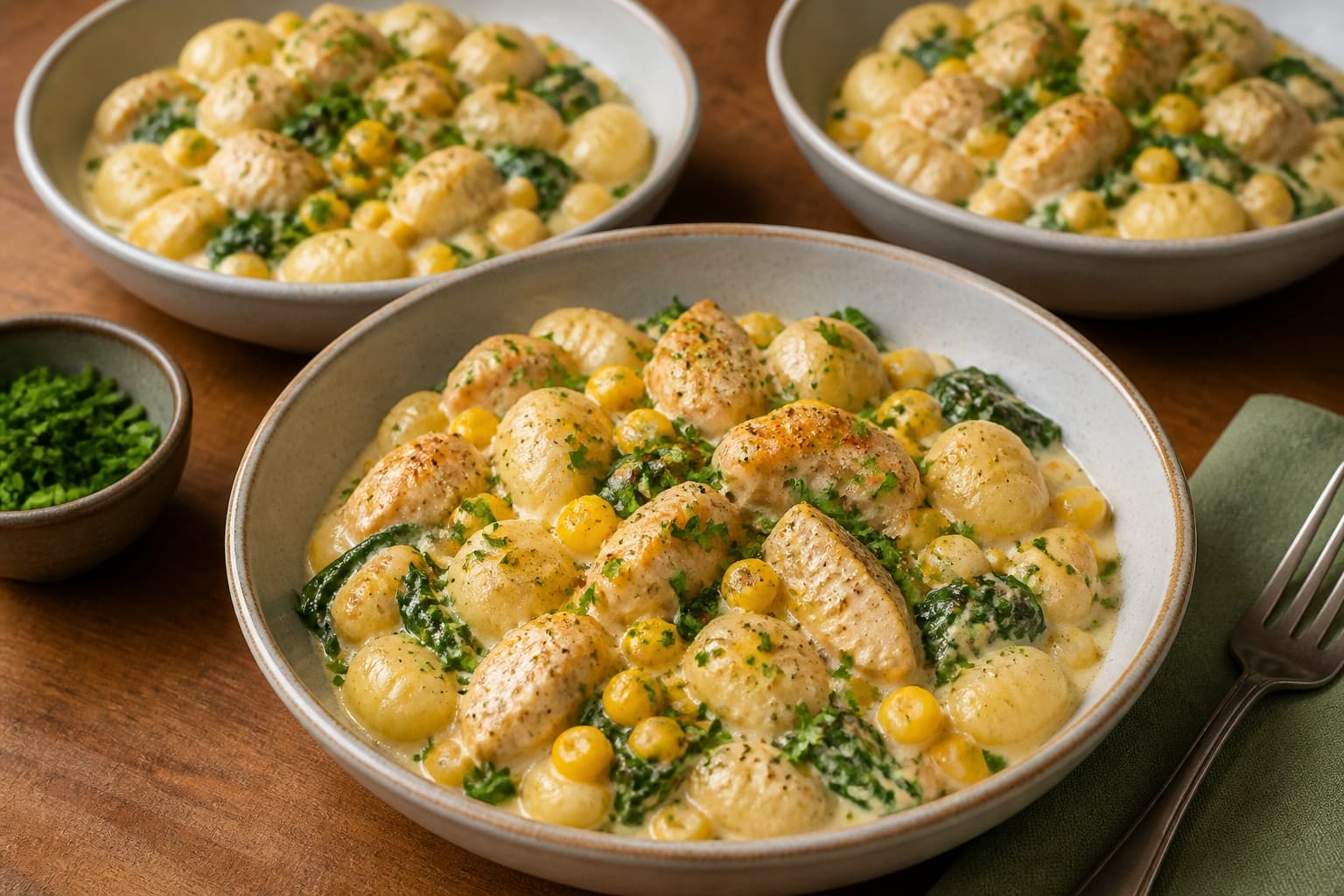 Creamy Chicken Sweetcorn Gnocchi with Spinach cooking step 6: Serve with parsley.