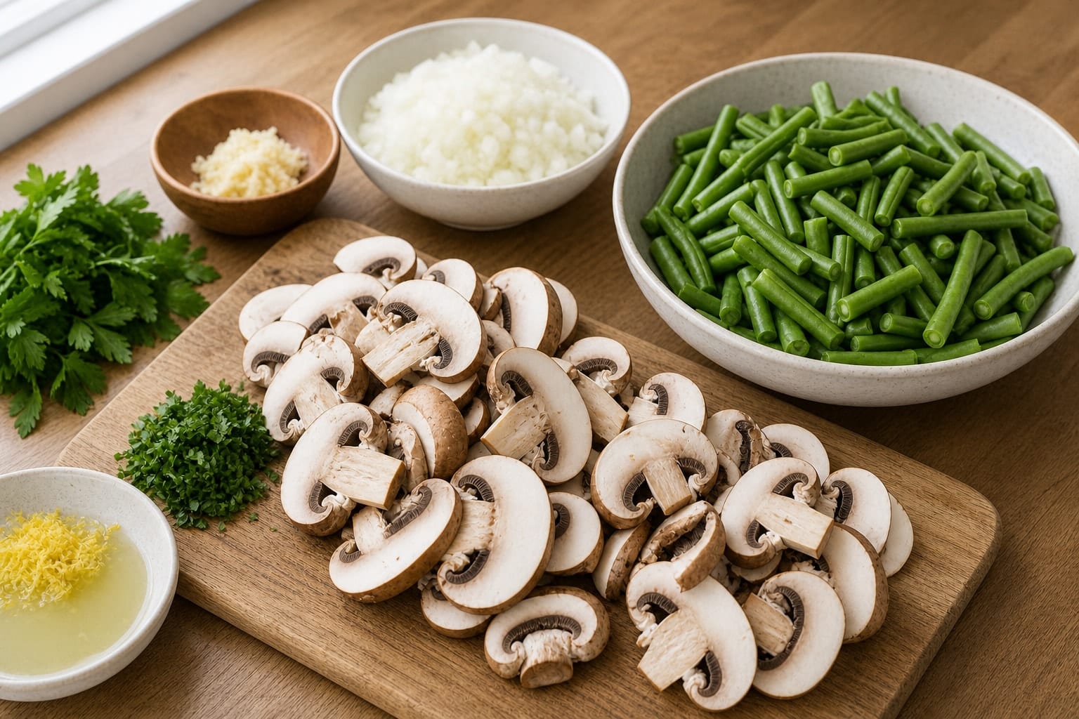 Creamy Mushroom Stroganoff Gnocchi with Green Beans cooking step 1: Prep the vegetables.