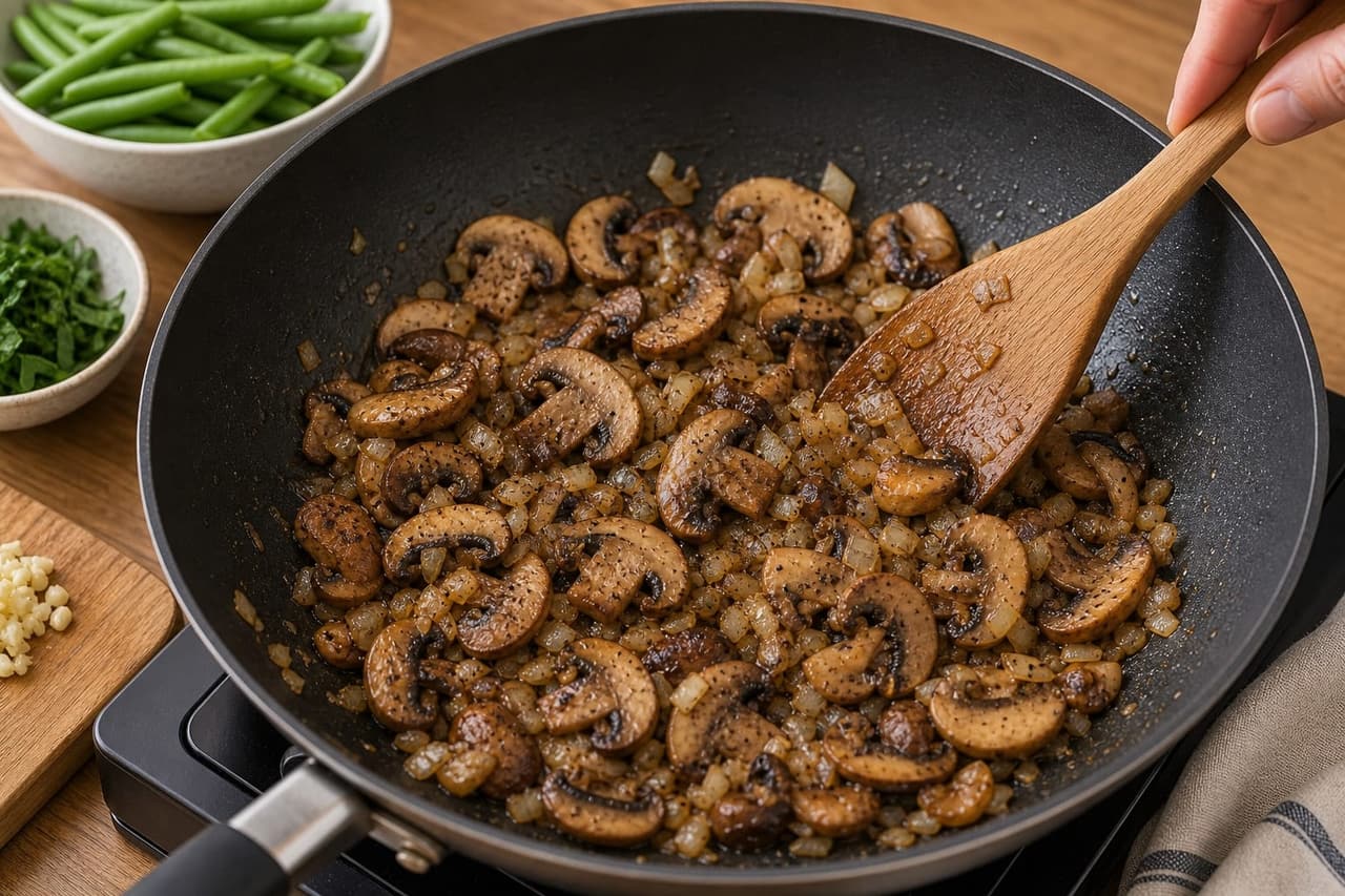 Creamy Mushroom Stroganoff Gnocchi with Green Beans cooking step 3: Brown the mushrooms.